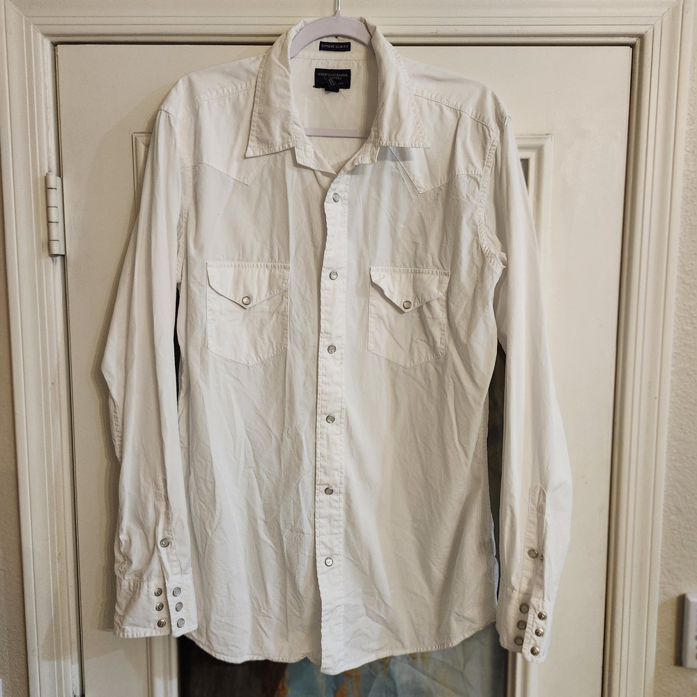 American Eagle White Extreme Slim Fit Large Tall LT Pearl Snap Western Shirt
